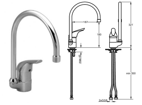 Сераплан Нью смеситель кухонный R-излив, гибкая подводка, хром Ideal Standard B4258AA СНЯТО С ПРОИЗВОДСТВА