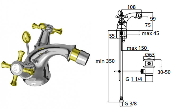 "Рефлекшен" смеситель для биде под 1 отверстие, хром/золото Ideal Standard B9655LS