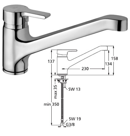 Актив смеситель однорукоятковый, для кухни, под 1 отверстие, хром Ideal Standard B8079AA Актив смеситель однорукоятковый, для кухни, под 1 отверстие, хром Ideal Standard B8079AA