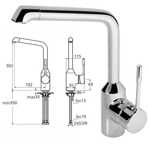 "Ретта"   смеситель для кухни, с высоким изливом, гибкая подводка G3/8 Ideal Standard RETTA B8985AA РАСПРОДАЖА